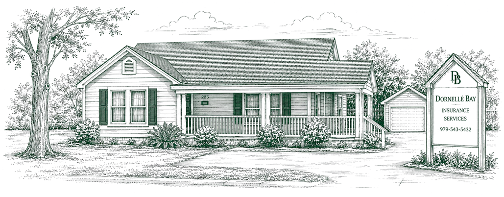 Line-art illustration of the Donnelly-Bay Insurance Services office